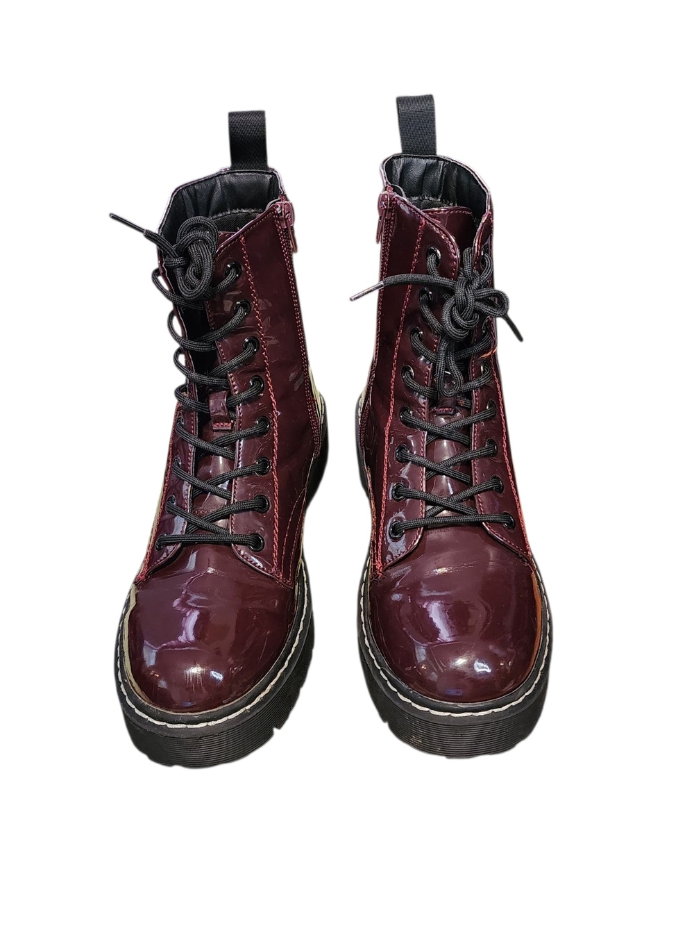 Sincerely Jules Patent Burgundy Black Lace-Up Platform Combat Glossy Boots 7.5